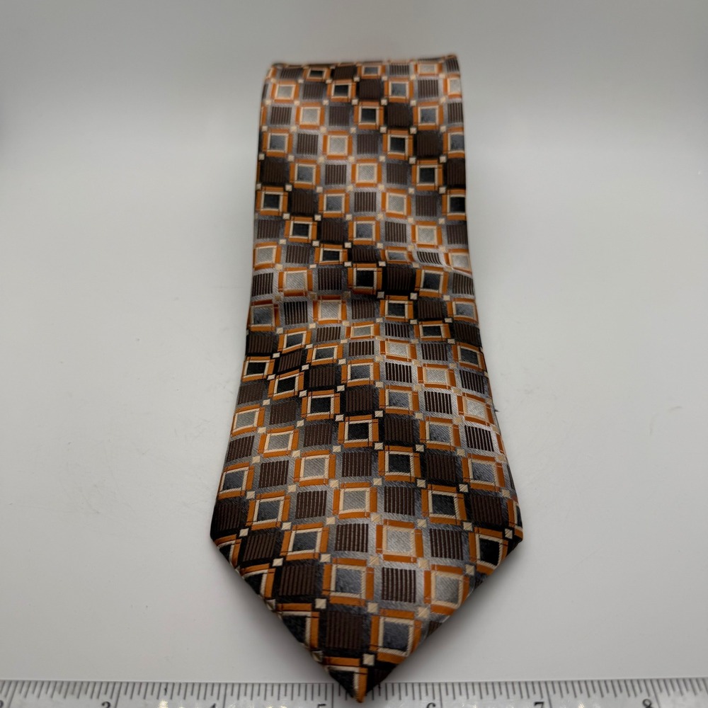 Stafford Essentials Men Tie Brown Orange Grey Geometric Square Pattern Polyester